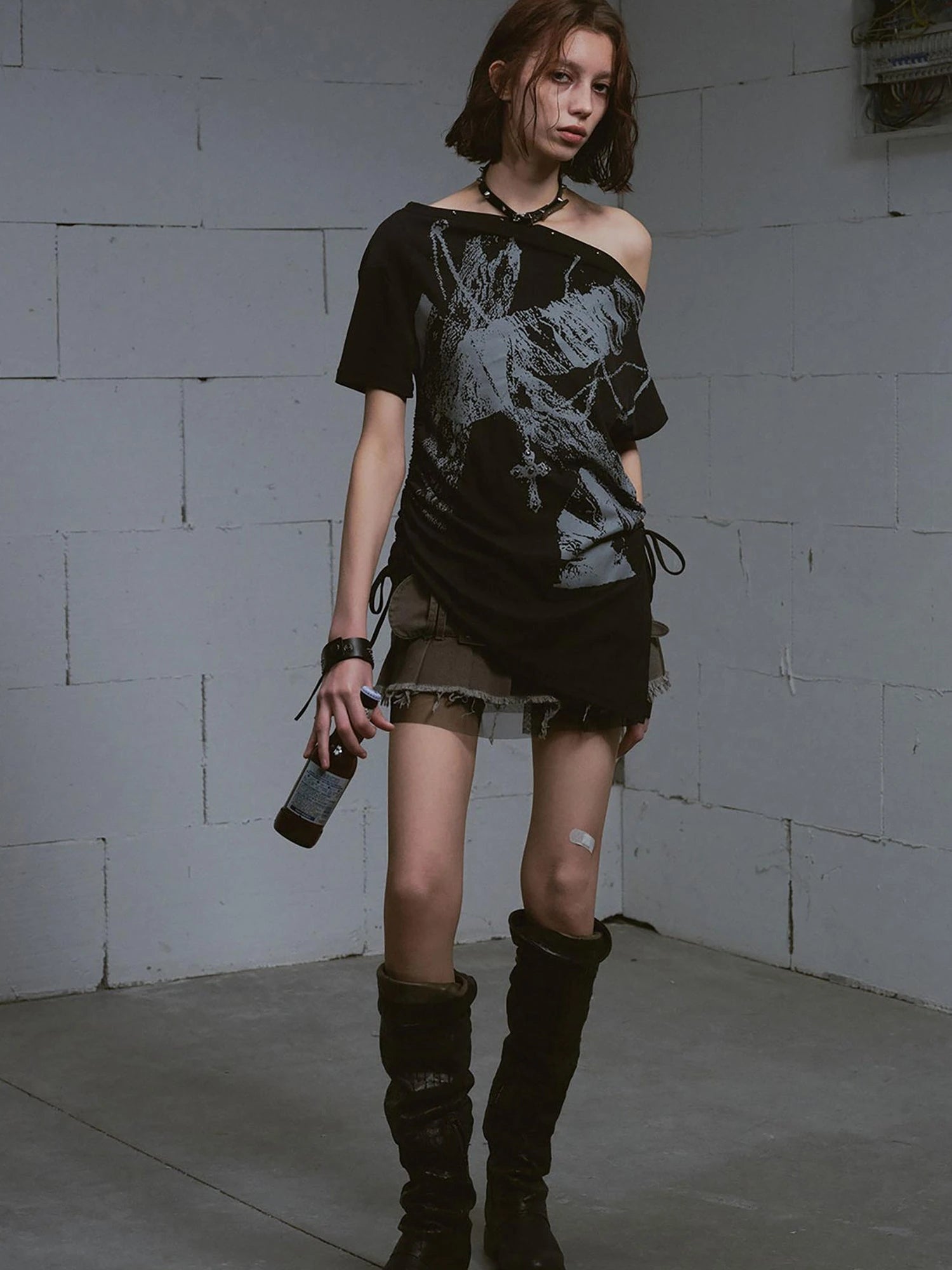 Distressed Print Off Shoulder Oversized Tee