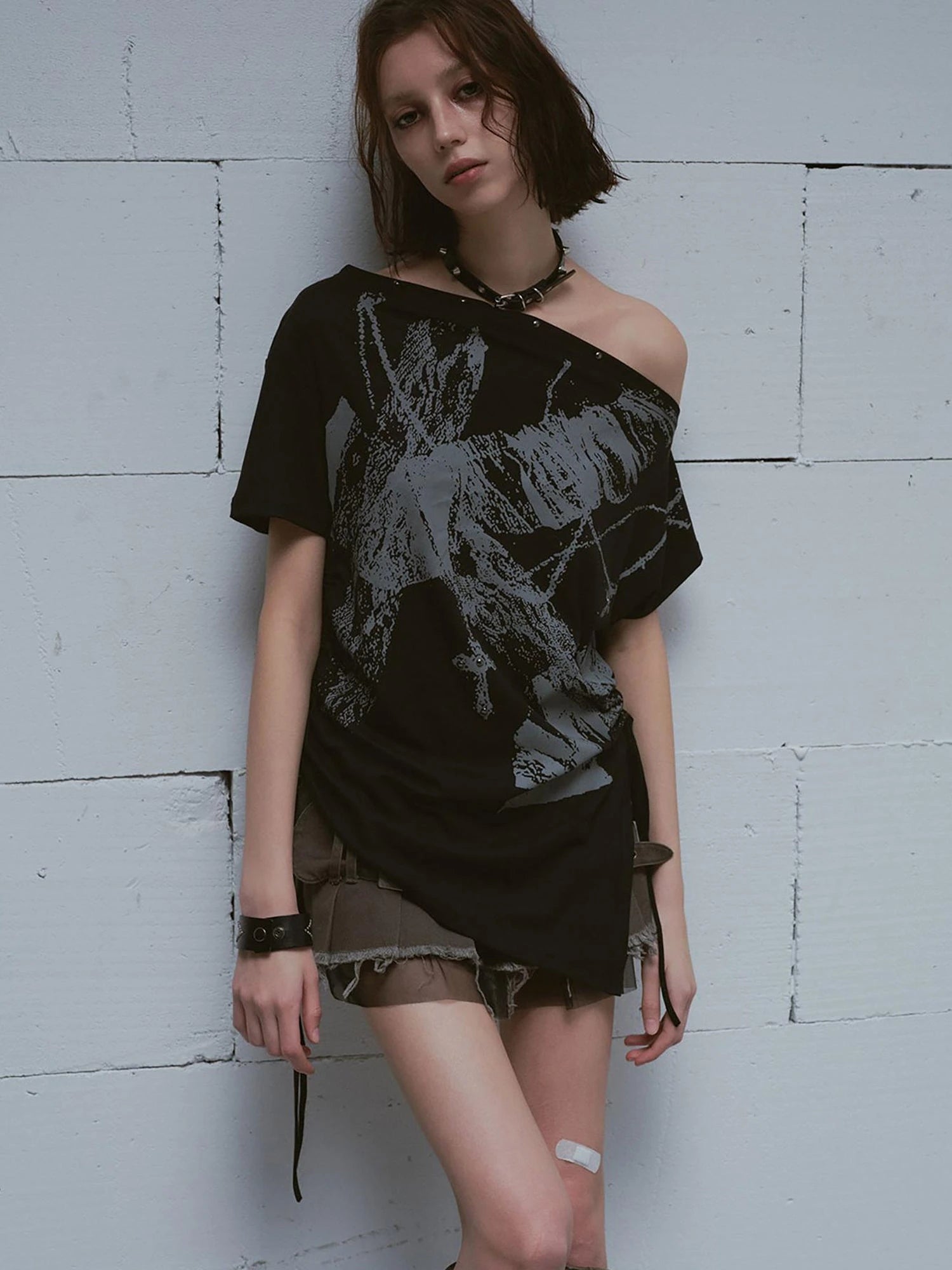 Distressed Print Off Shoulder Oversized Tee