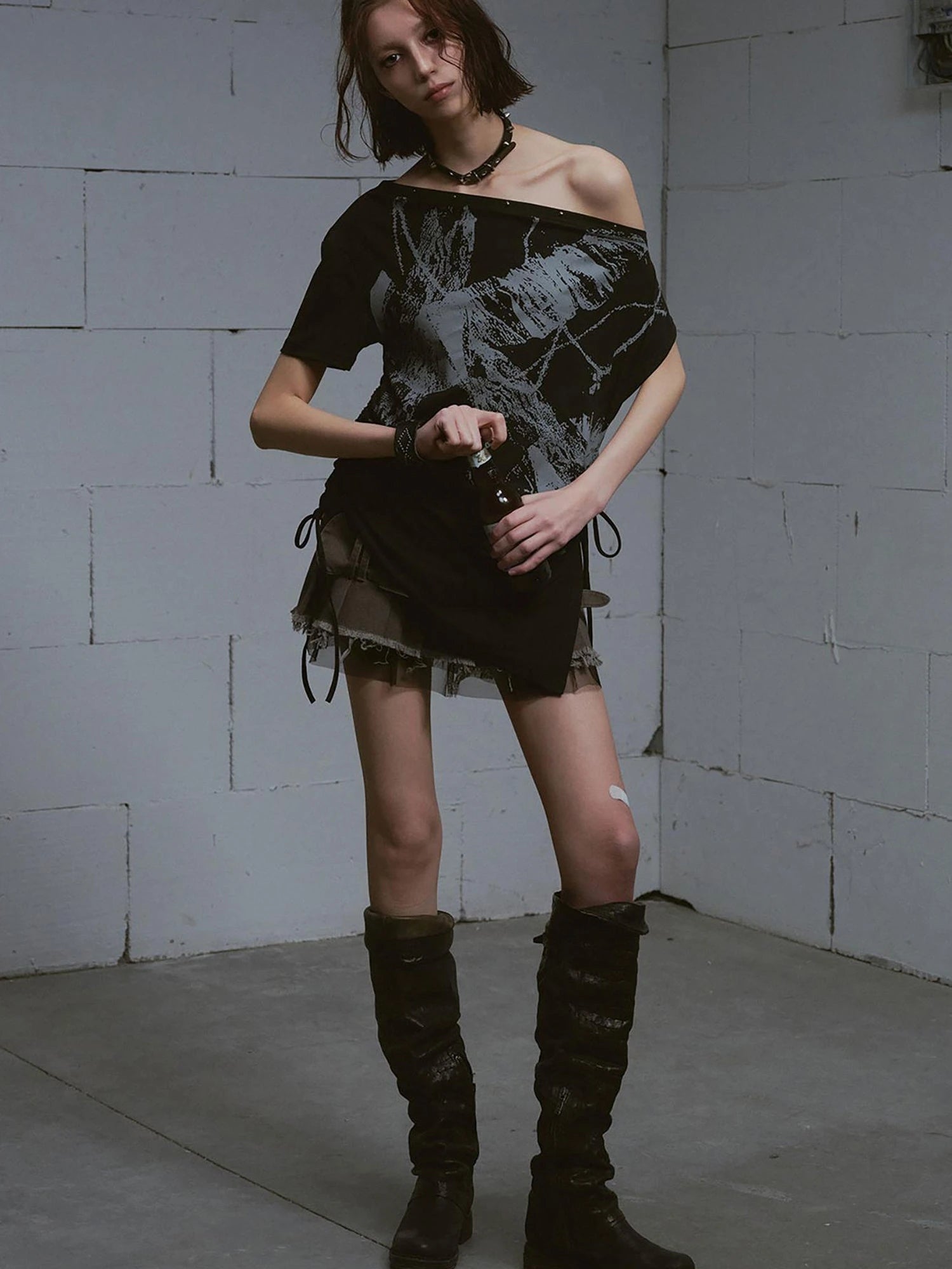 Distressed Print Off Shoulder Oversized Tee