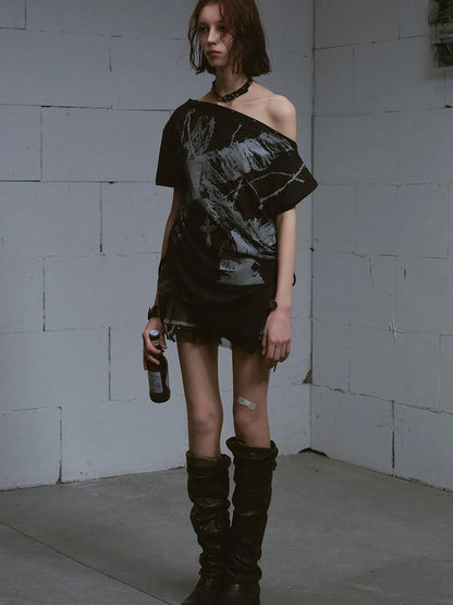 Distressed Print Off Shoulder Oversized Tee