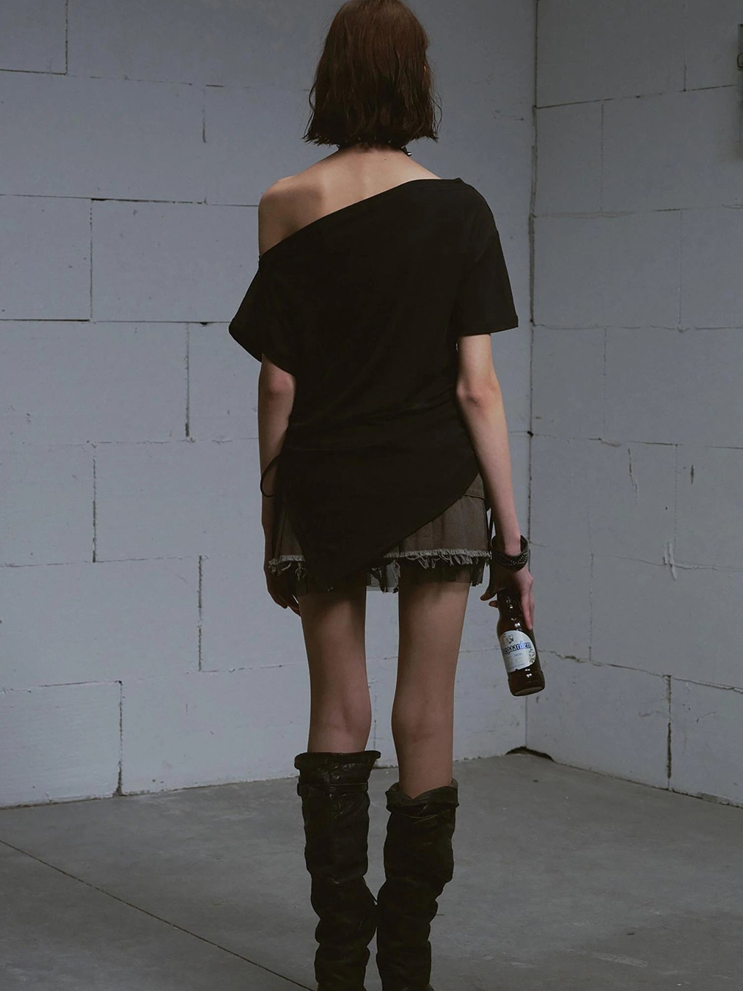 Distressed Print Off Shoulder Oversized Tee