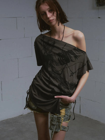 Distressed Print Off Shoulder Oversized Tee