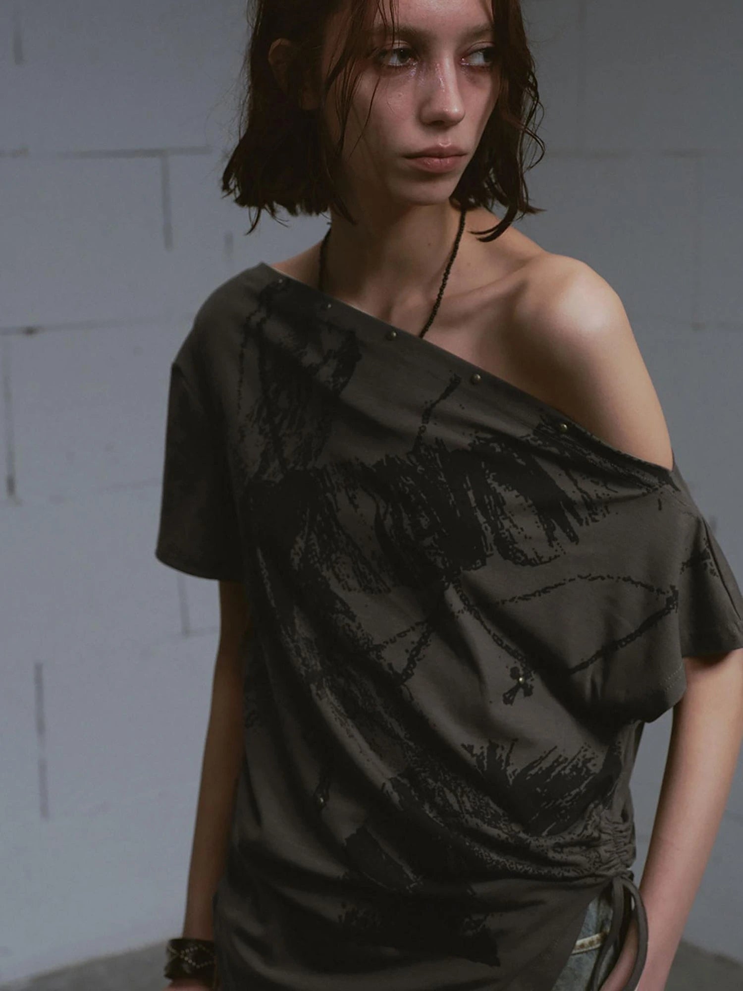 Distressed Print Off Shoulder Oversized Tee