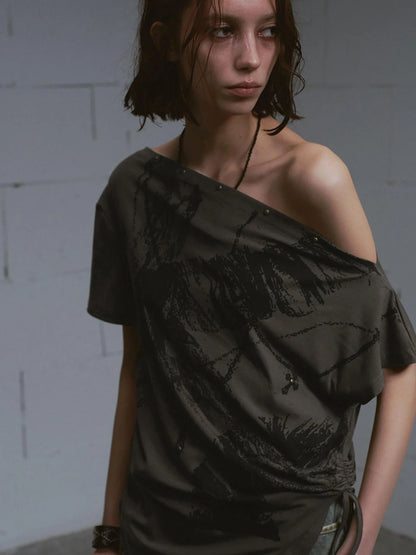 Distressed Print Off Shoulder Oversized Tee