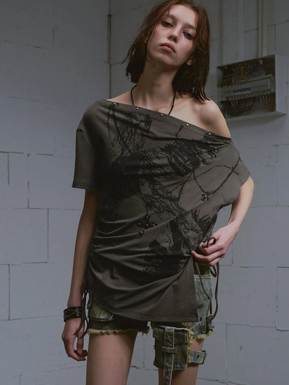 Distressed Print Off Shoulder Oversized Tee