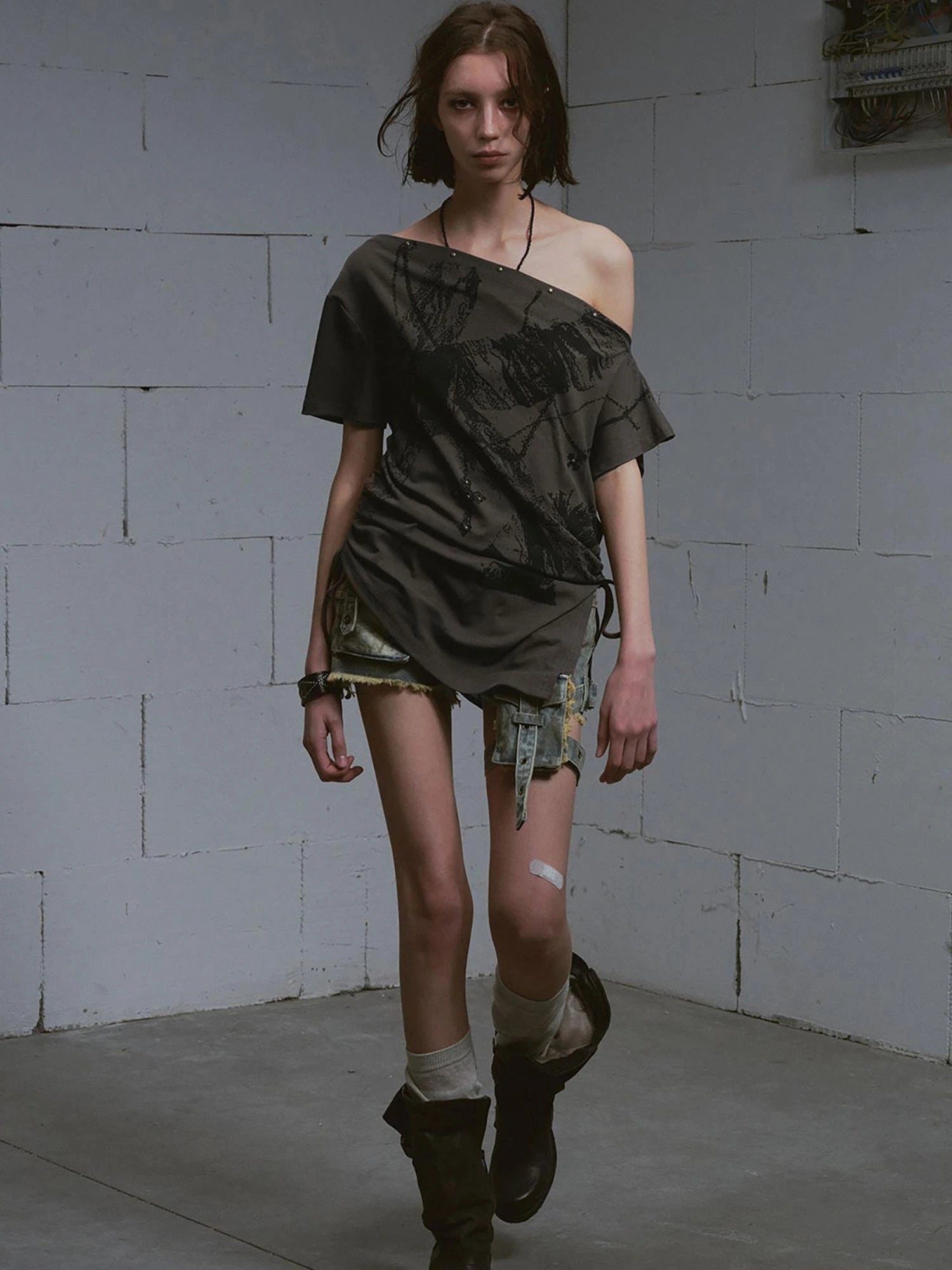 Distressed Print Off Shoulder Oversized Tee