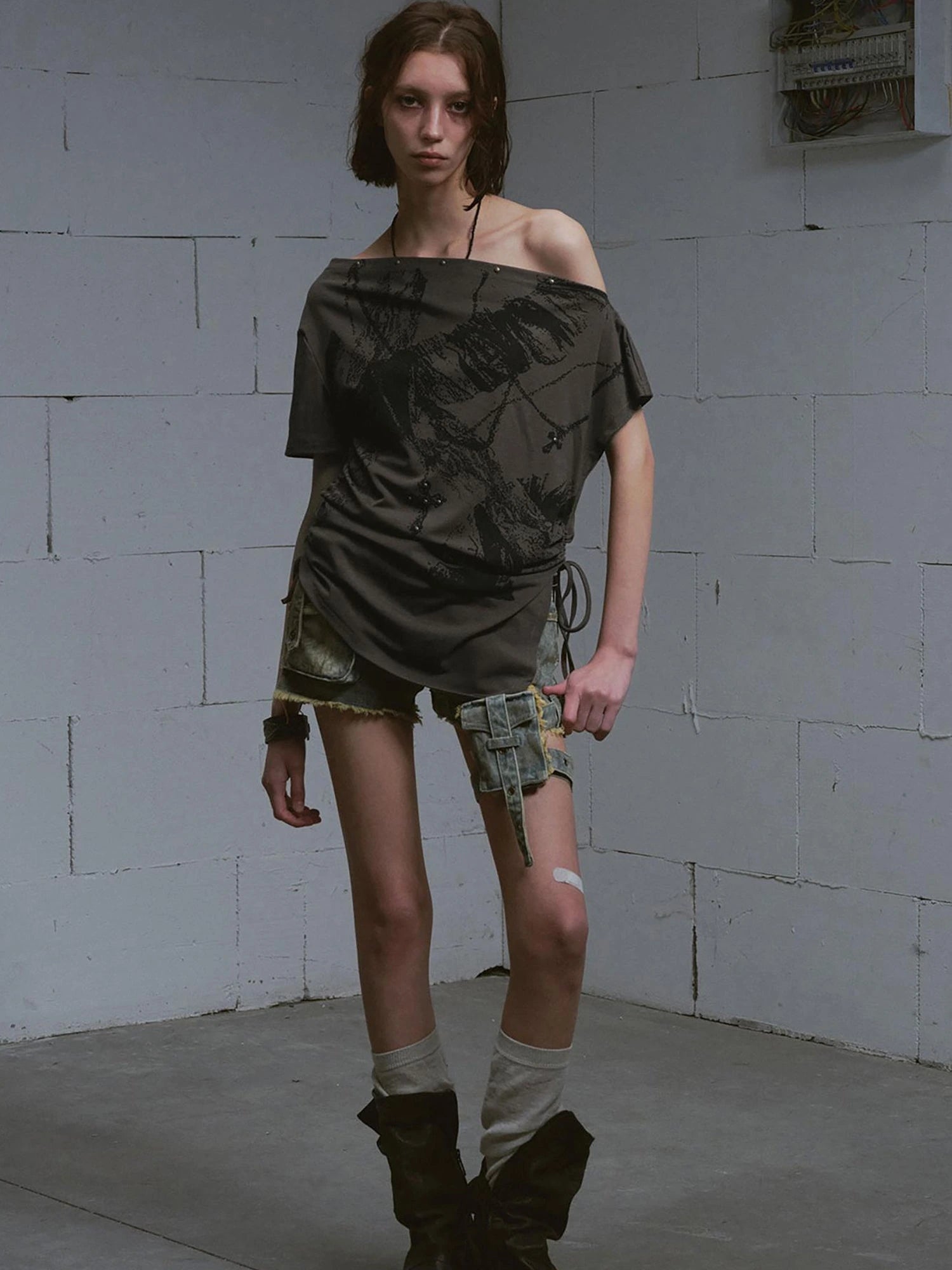 Distressed Print Off Shoulder Oversized Tee