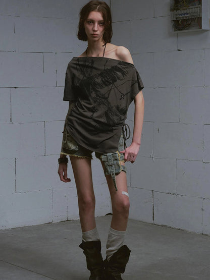 Distressed Print Off Shoulder Oversized Tee