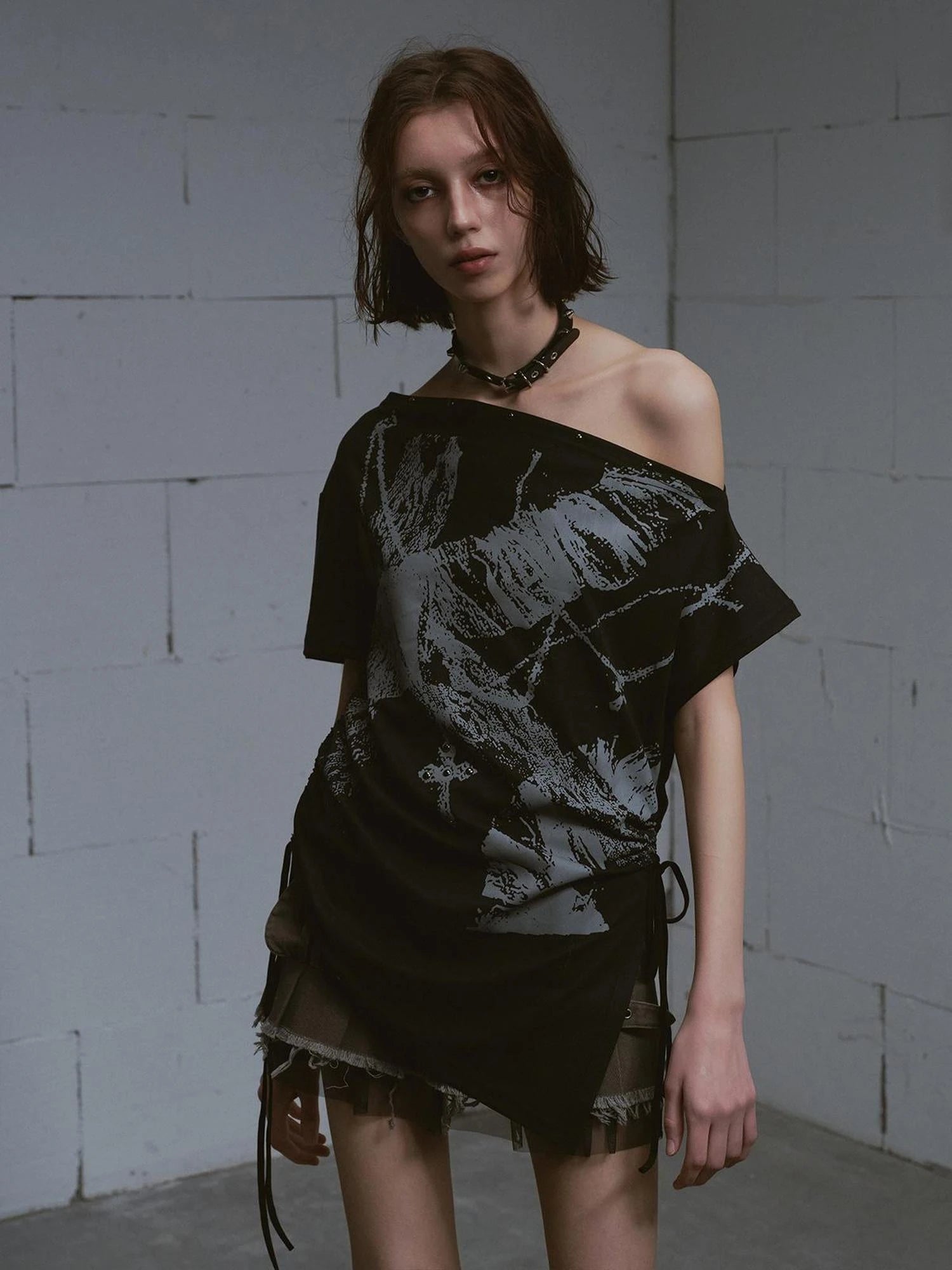 Distressed Print Off Shoulder Oversized Tee