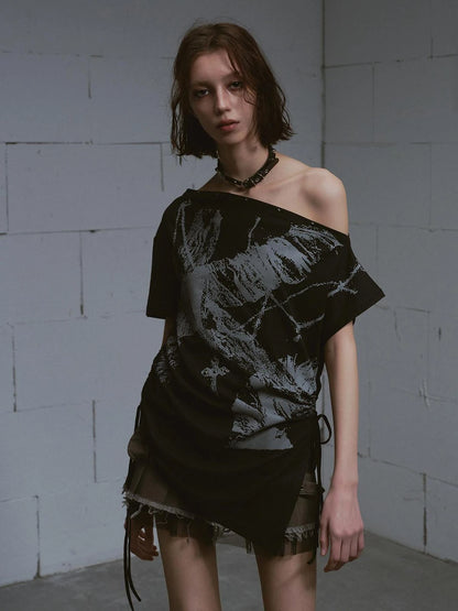 Distressed Print Off Shoulder Oversized Tee