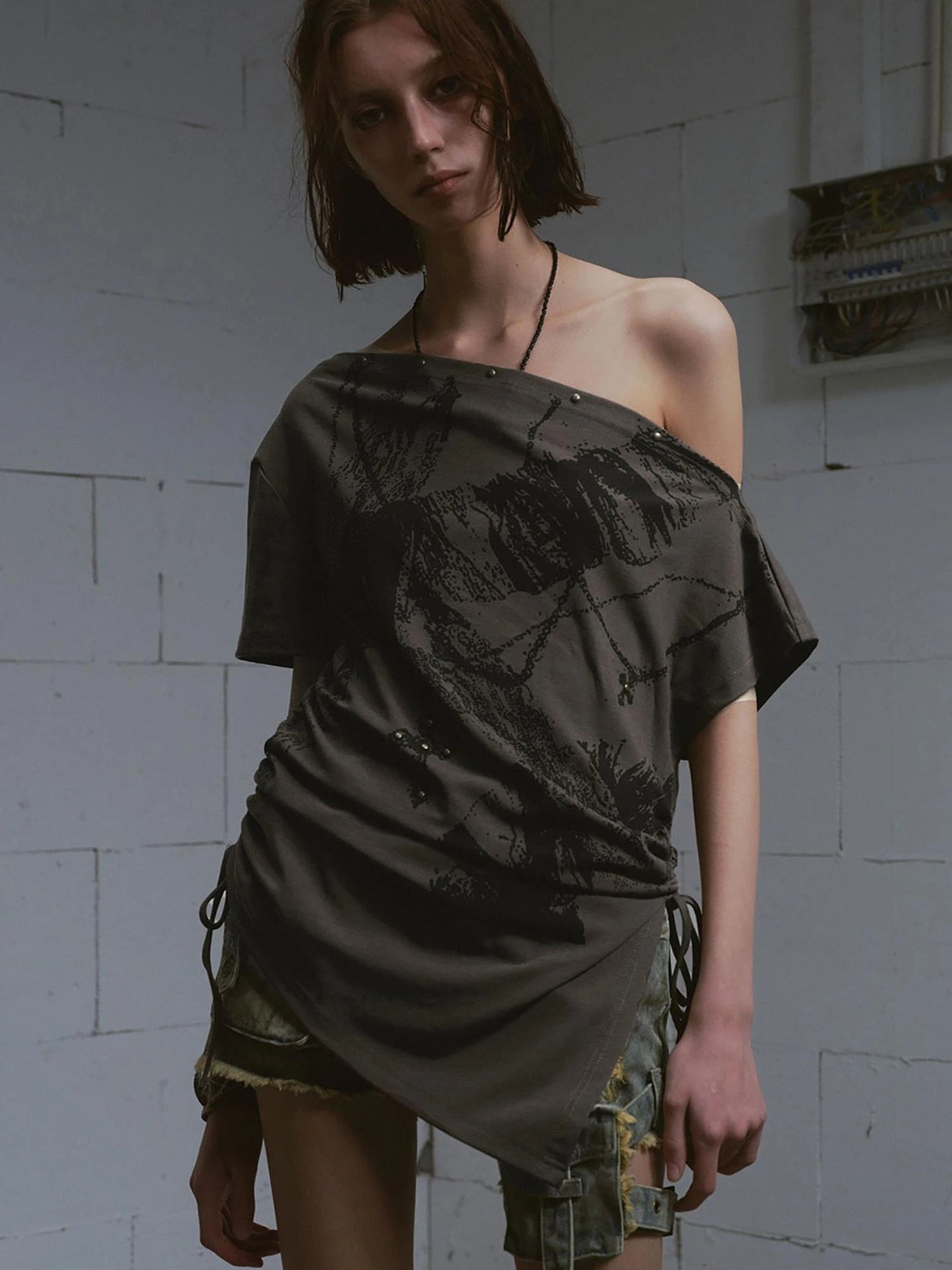 Distressed Print Off Shoulder Oversized Tee