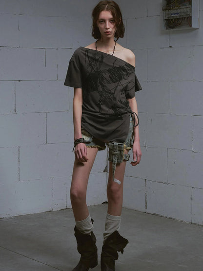 Distressed Print Off Shoulder Oversized Tee