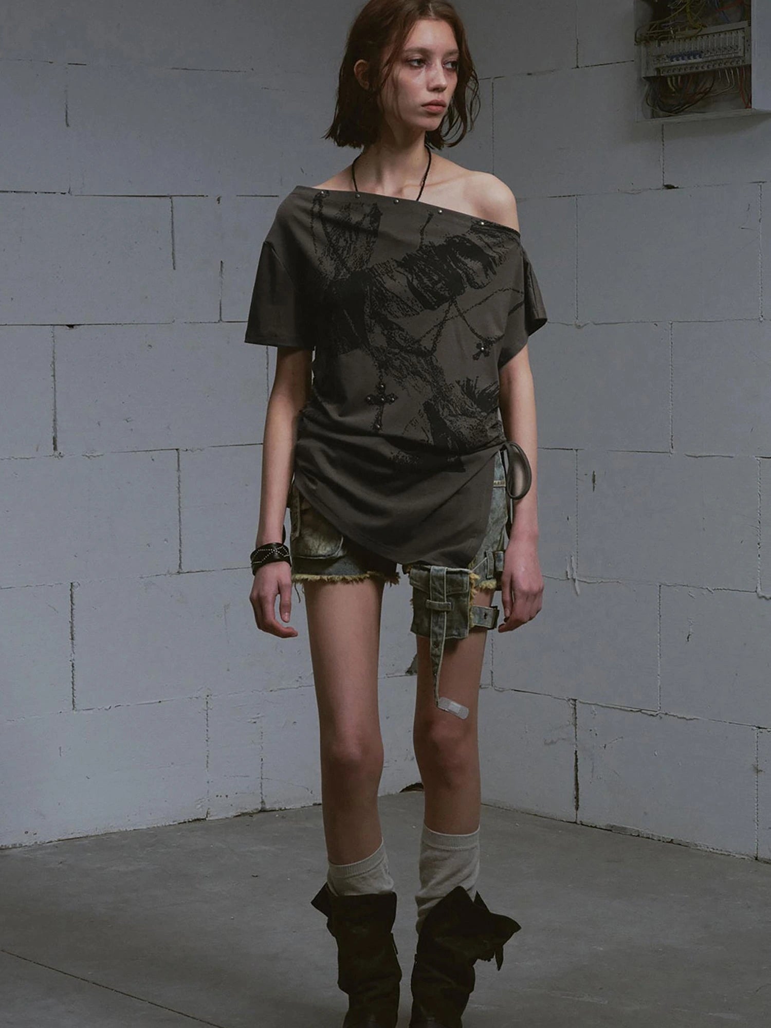 Distressed Print Off Shoulder Oversized Tee