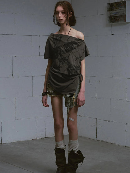 Distressed Print Off Shoulder Oversized Tee