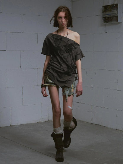 Distressed Print Off Shoulder Oversized Tee