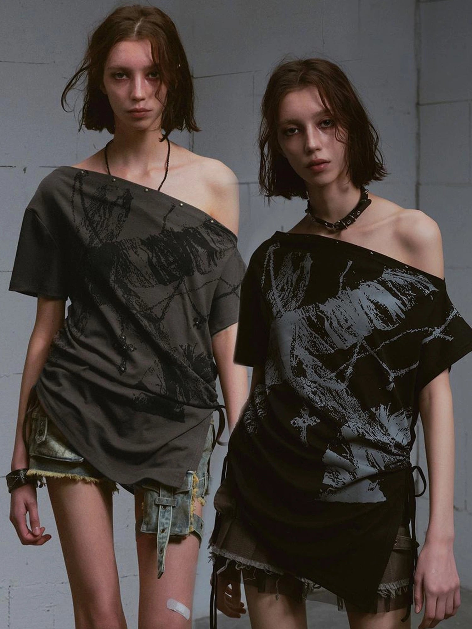 Distressed Print Off Shoulder Oversized Tee