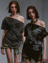 Distressed Print Off Shoulder Oversized Tee