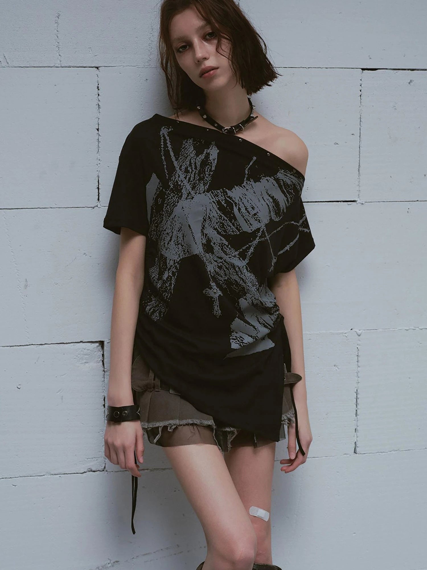 Distressed Print Off Shoulder Oversized Tee