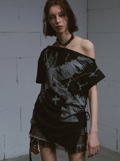 Distressed Print Off Shoulder Oversized Tee