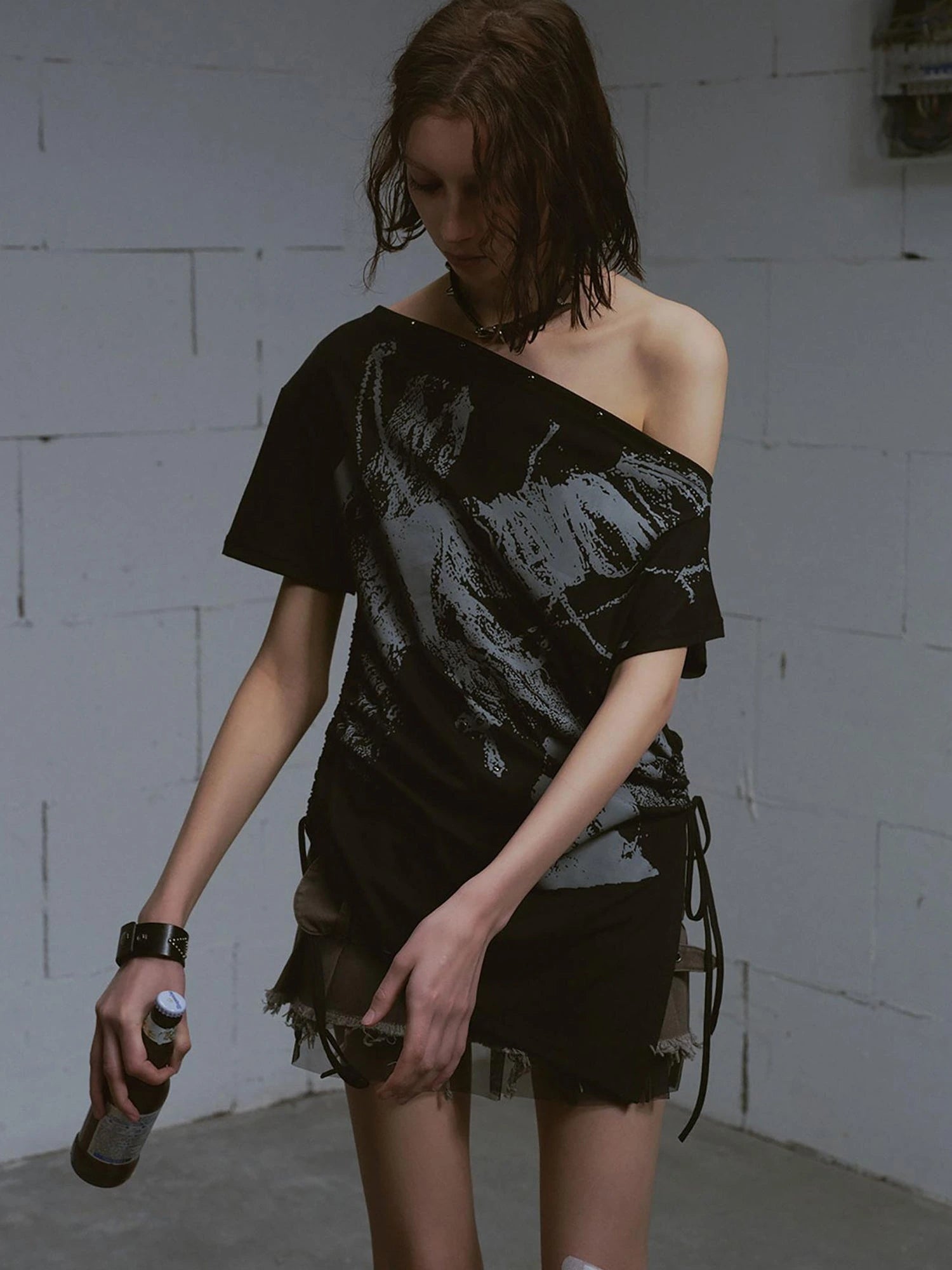 Distressed Print Off Shoulder Oversized Tee