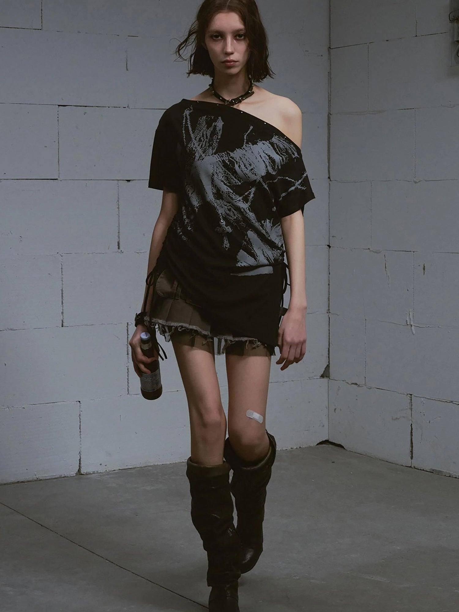 Distressed Print Off Shoulder Oversized Tee