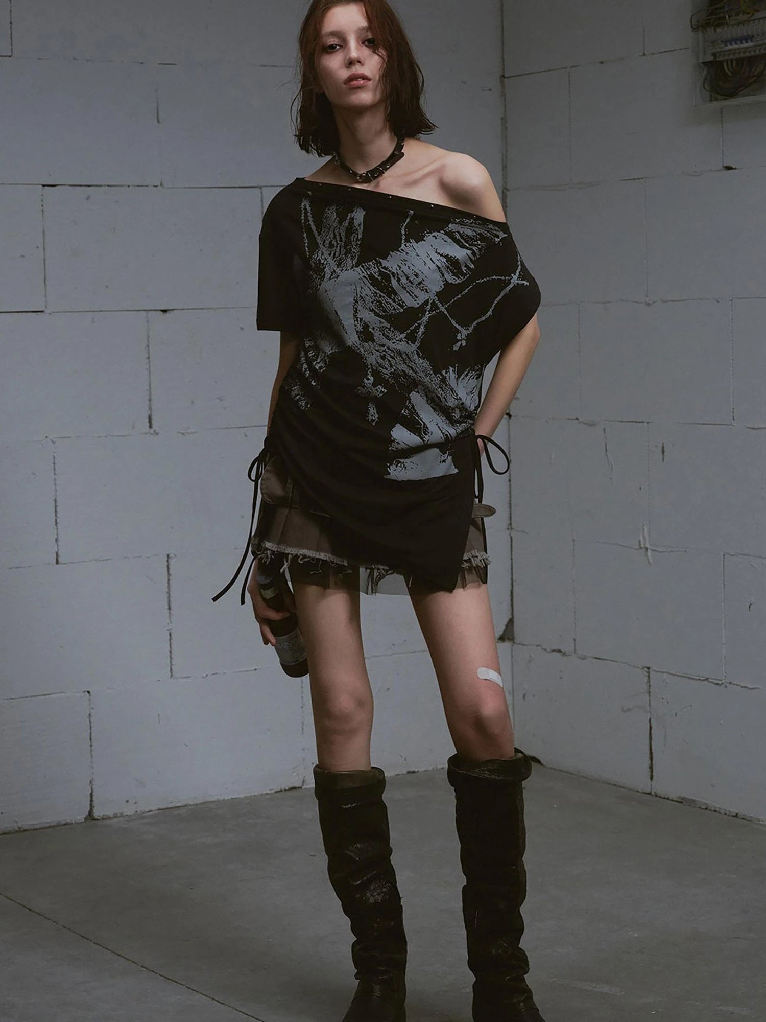 Distressed Print Off Shoulder Oversized Tee