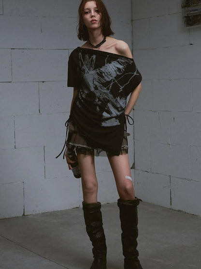 Distressed Print Off Shoulder Oversized Tee