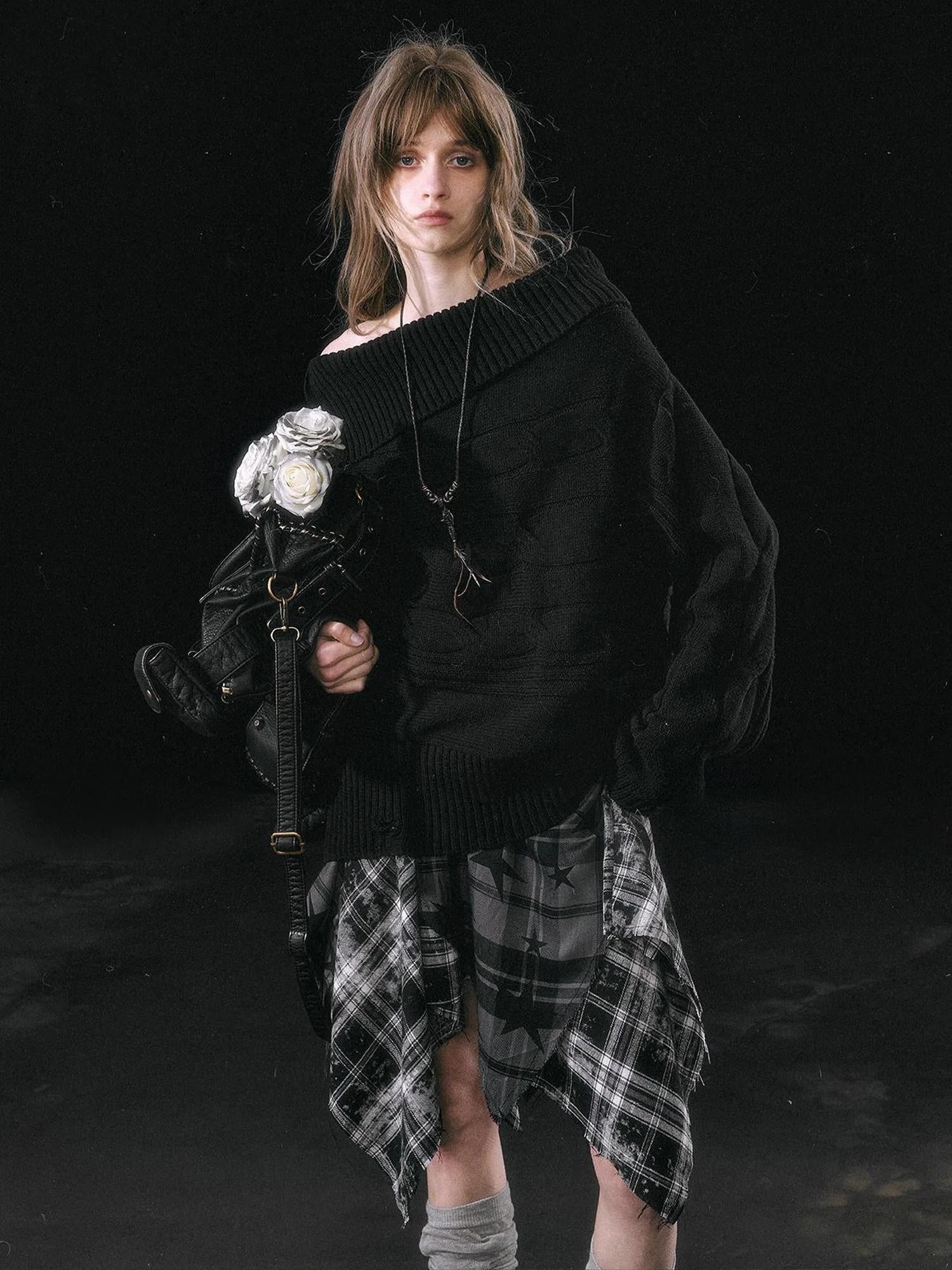 Double Layer Collar Slant Shoulder Print Sweater