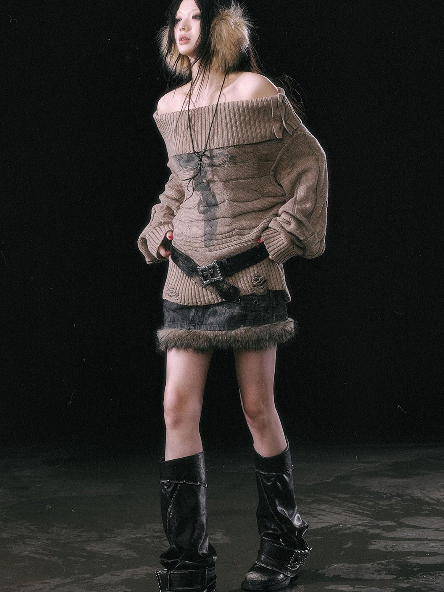 Update c Double Layer Collar Slant Shoulder Print Sweater