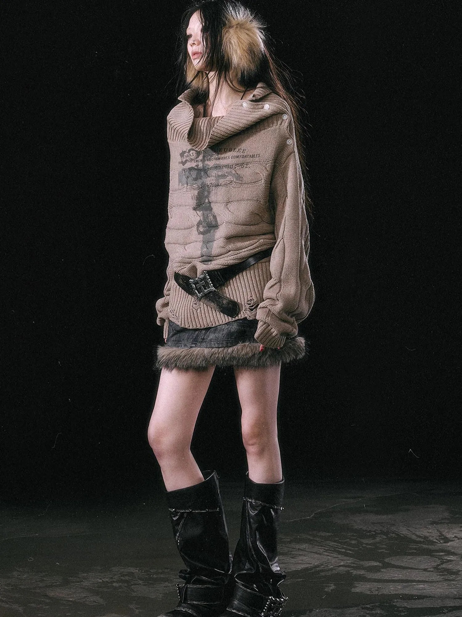 Double Layer Collar Slant Shoulder Print Sweater