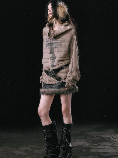 Double Layer Collar Slant Shoulder Print Sweater