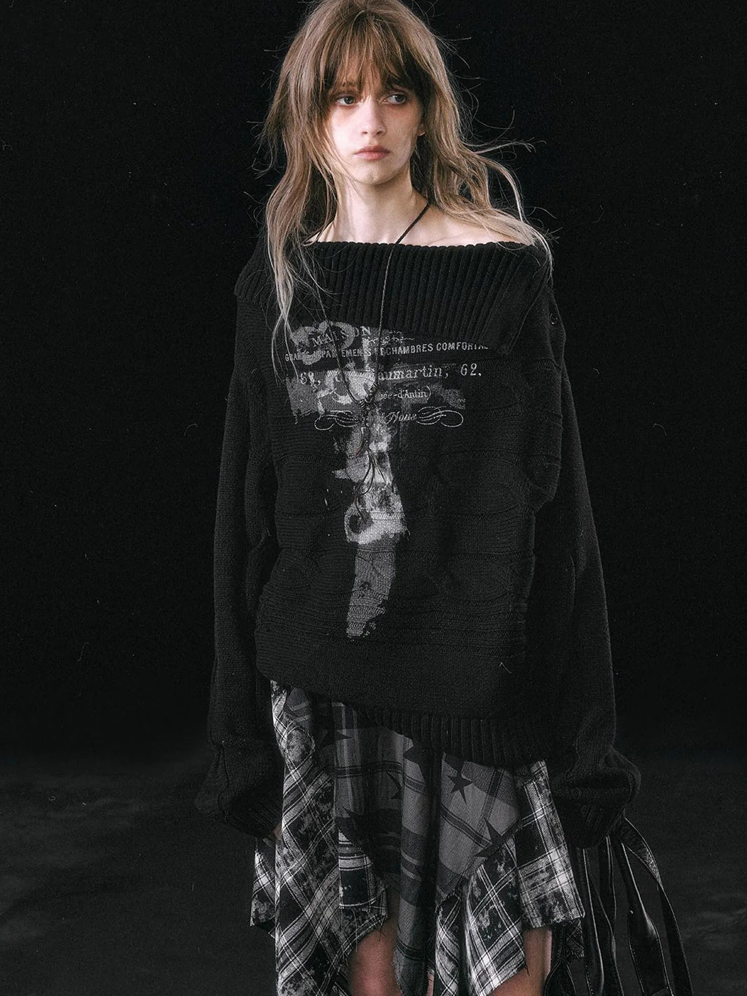 Double Layer Collar Slant Shoulder Print Sweater