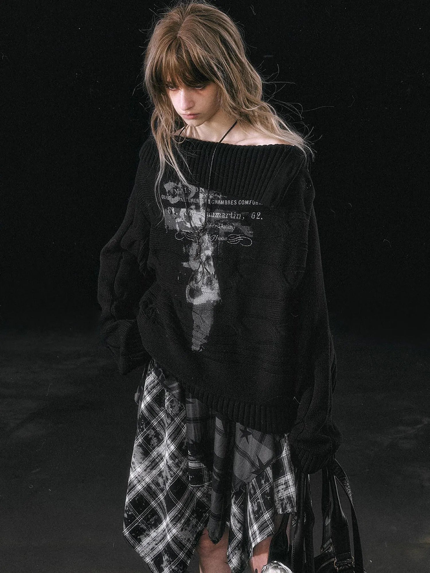 Double Layer Collar Slant Shoulder Print Sweater