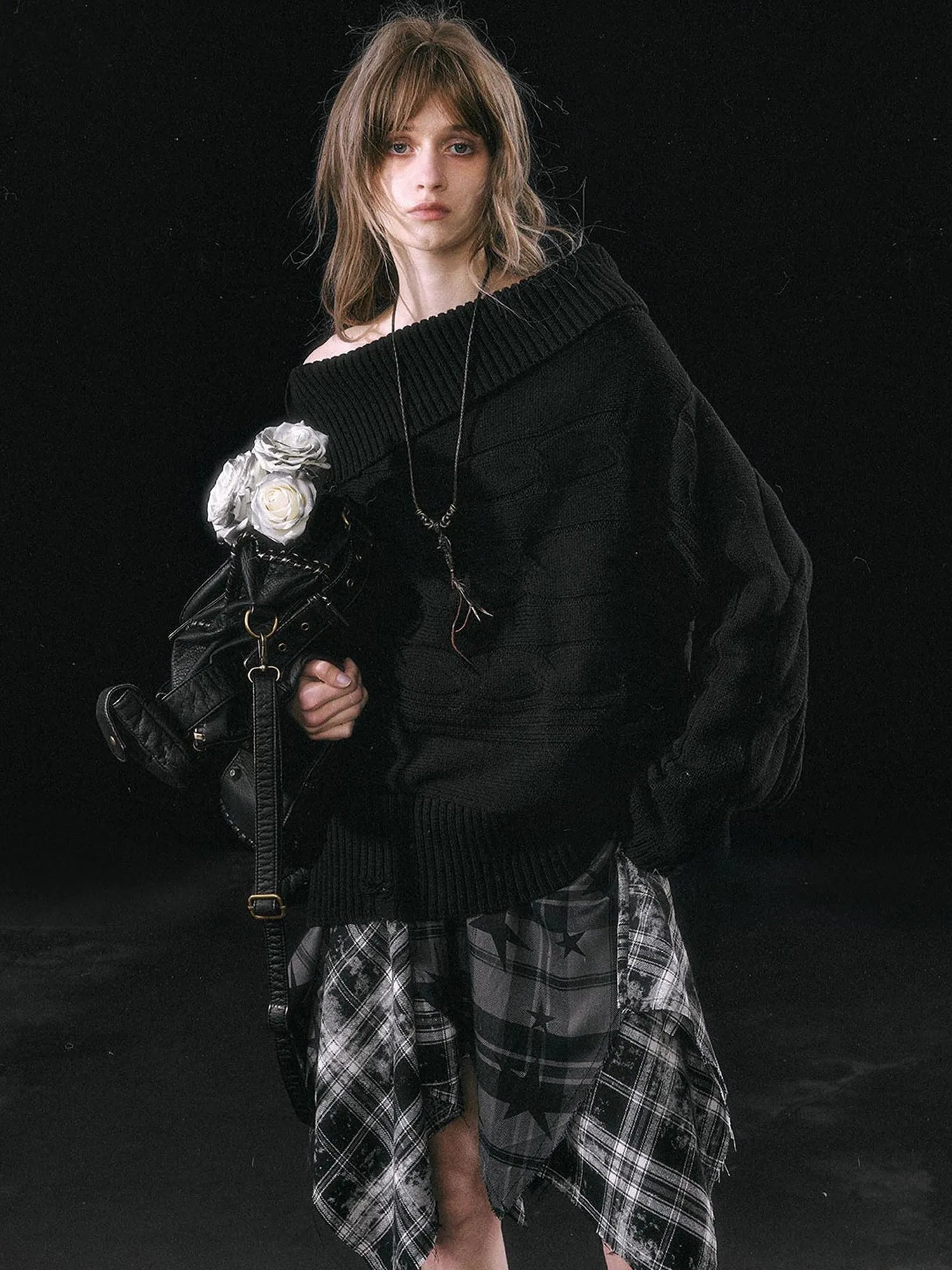 Double Layer Collar Slant Shoulder Print Sweater