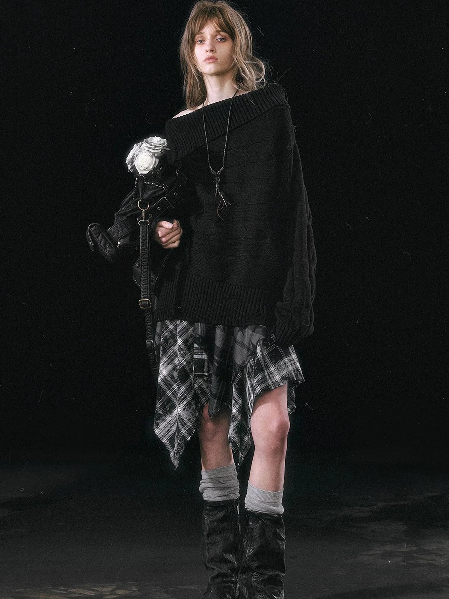 Double Layer Collar Slant Shoulder Print Sweater