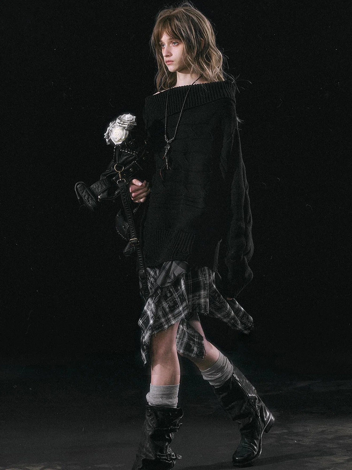 Double Layer Collar Slant Shoulder Print Sweater