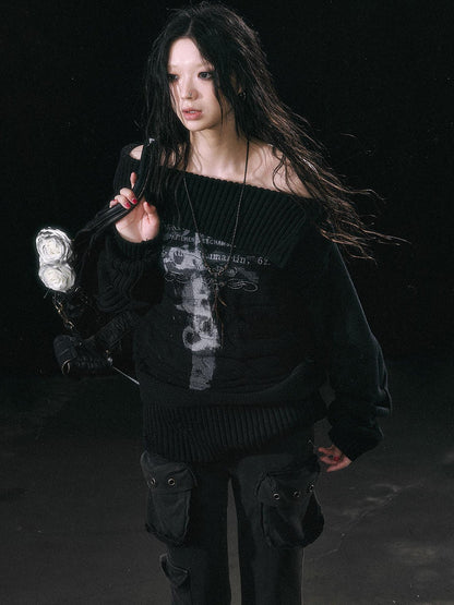 Update c Double Layer Collar Slant Shoulder Print Sweater