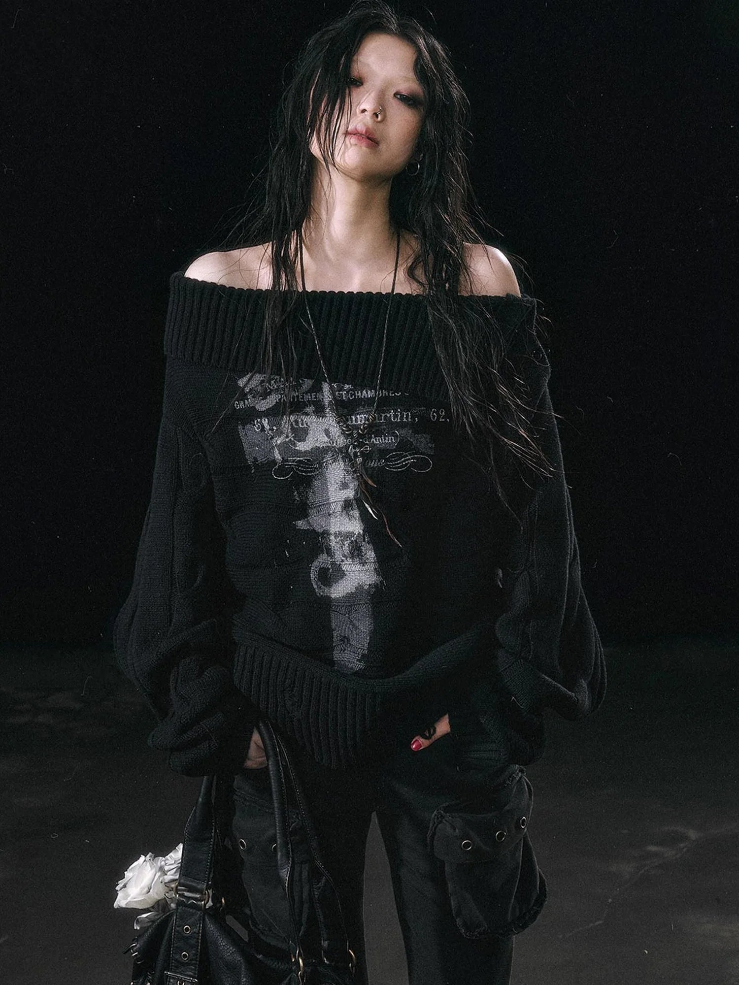 Double Layer Collar Slant Shoulder Print Sweater