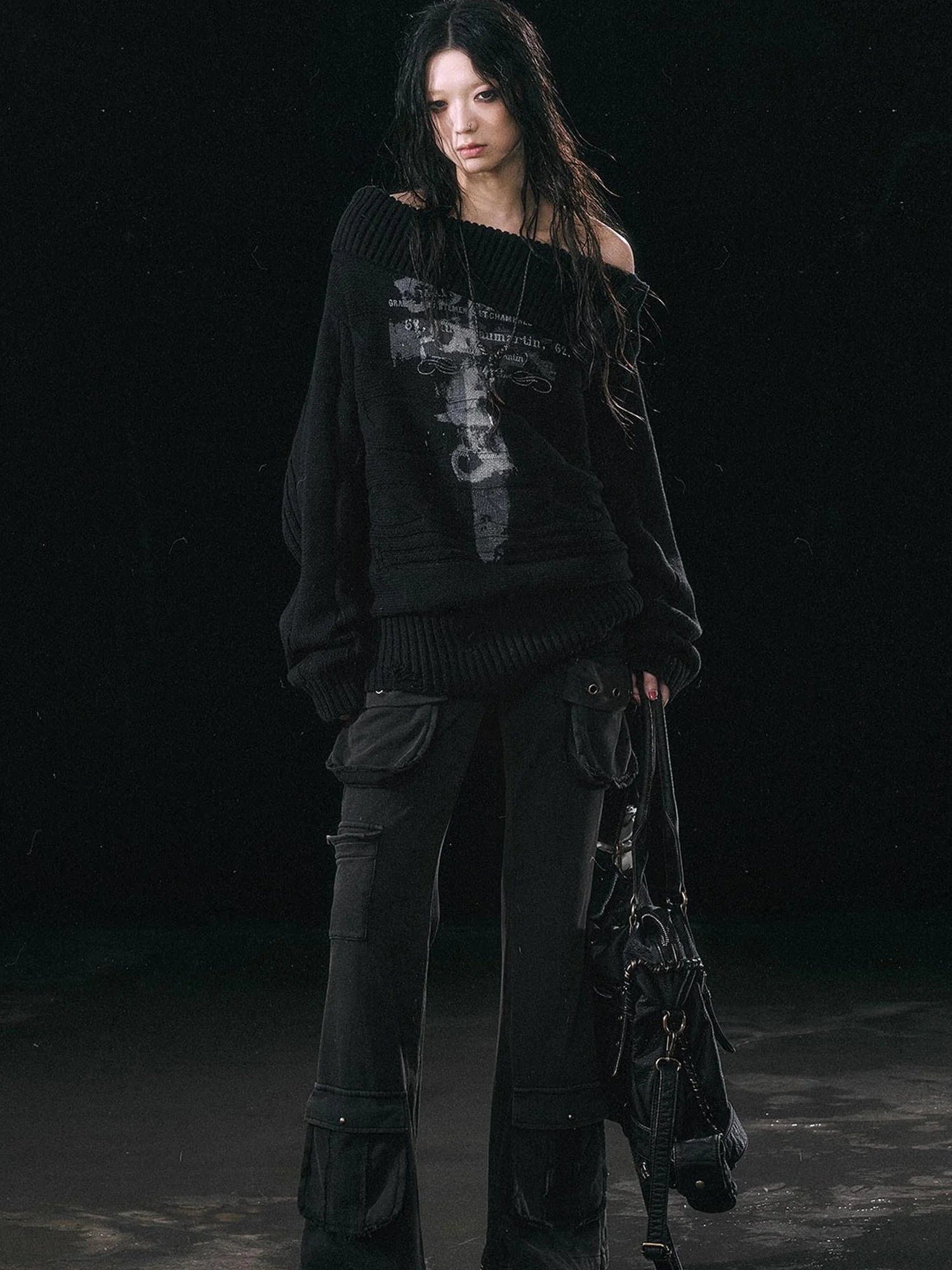 Double Layer Collar Slant Shoulder Print Sweater