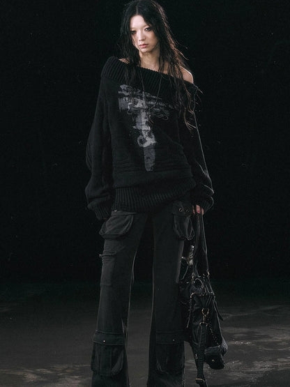 Double Layer Collar Slant Shoulder Print Sweater