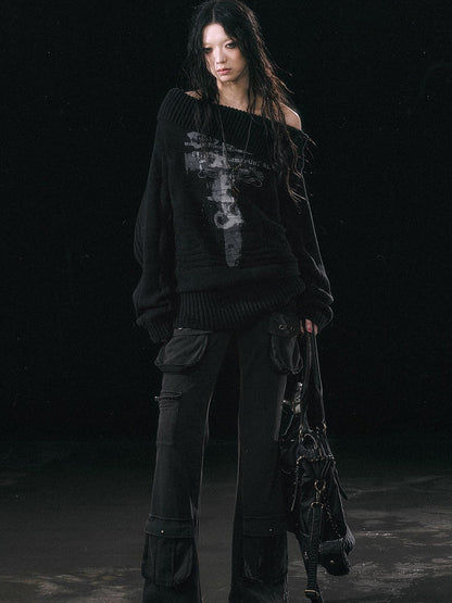 Update c Double Layer Collar Slant Shoulder Print Sweater