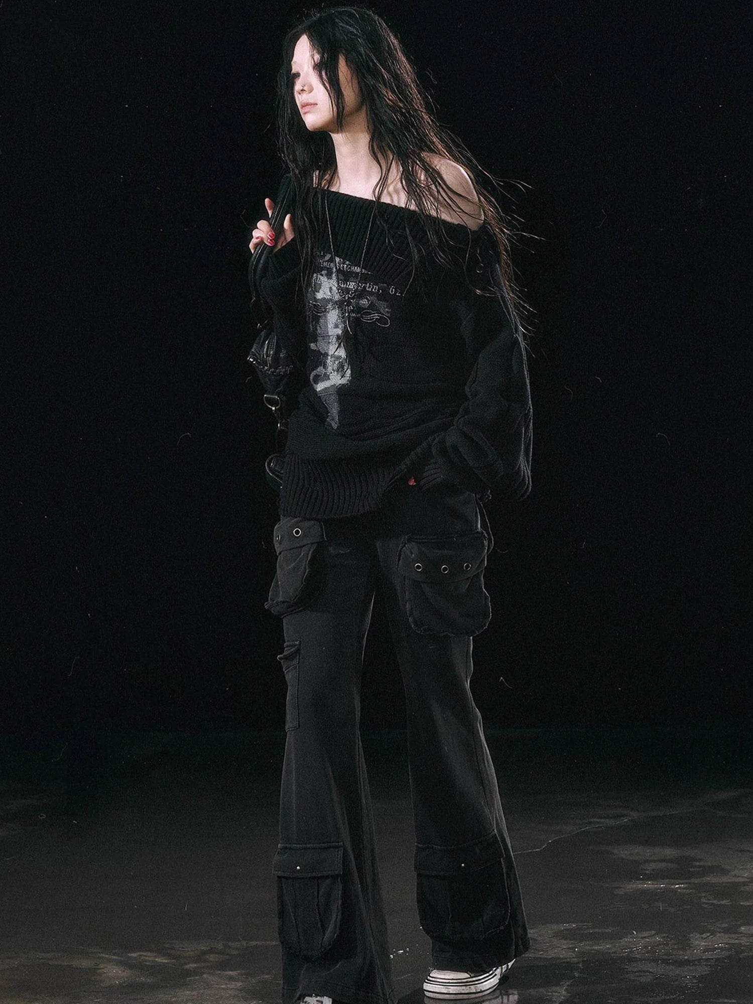 Double Layer Collar Slant Shoulder Print Sweater