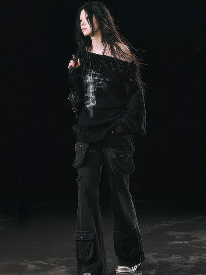 Update c Double Layer Collar Slant Shoulder Print Sweater