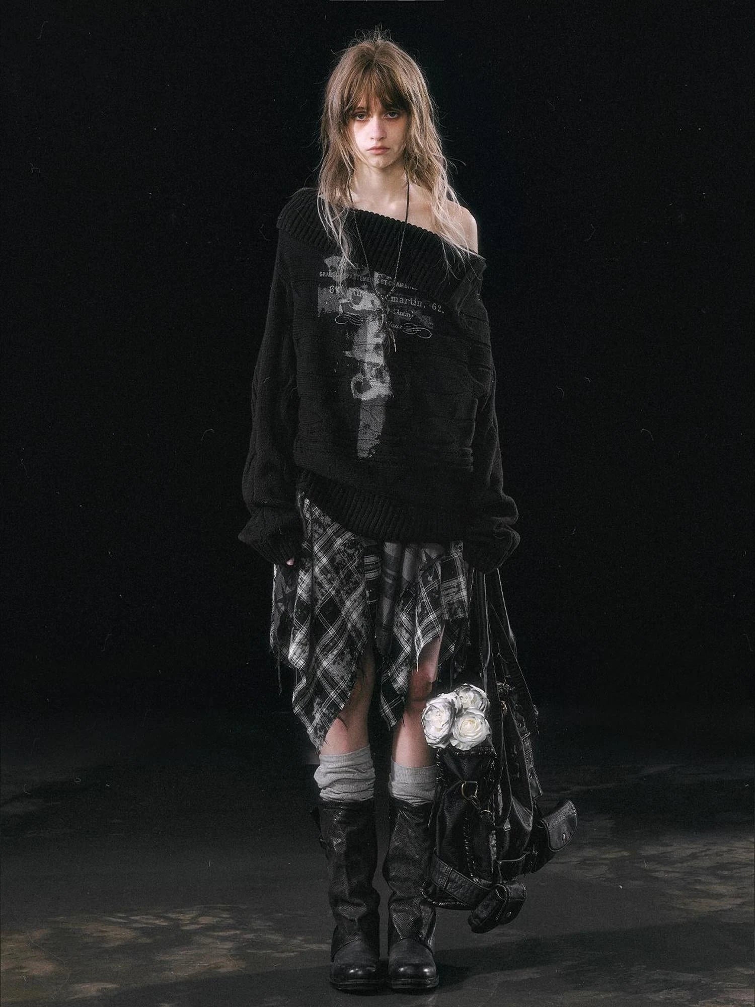 Double Layer Collar Slant Shoulder Print Sweater