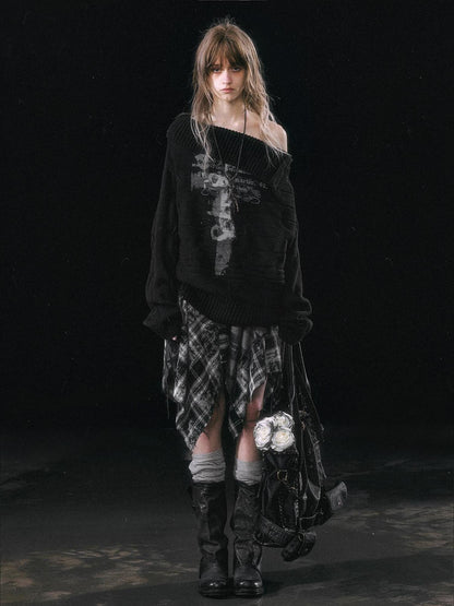 Update c Double Layer Collar Slant Shoulder Print Sweater