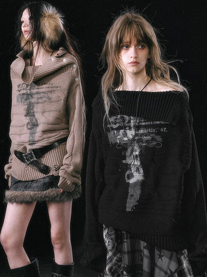 Double Layer Collar Slant Shoulder Print Sweater