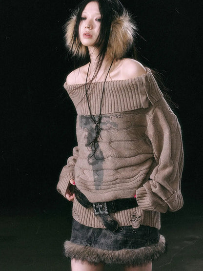 Double Layer Collar Slant Shoulder Print Sweater