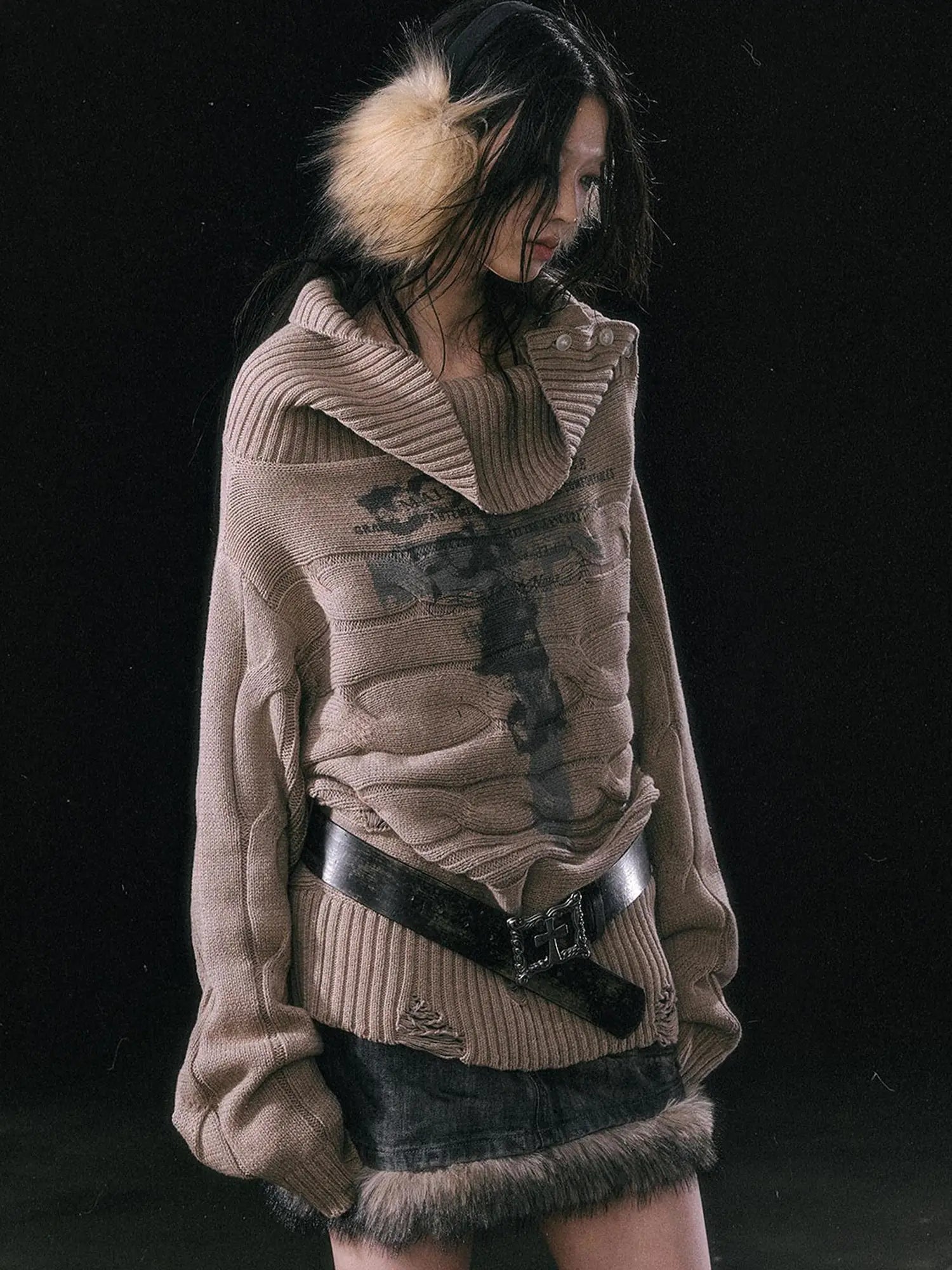 Double Layer Collar Slant Shoulder Print Sweater