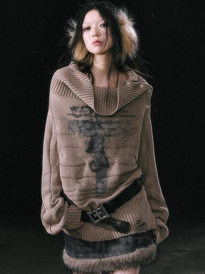 Double Layer Collar Slant Shoulder Print Sweater