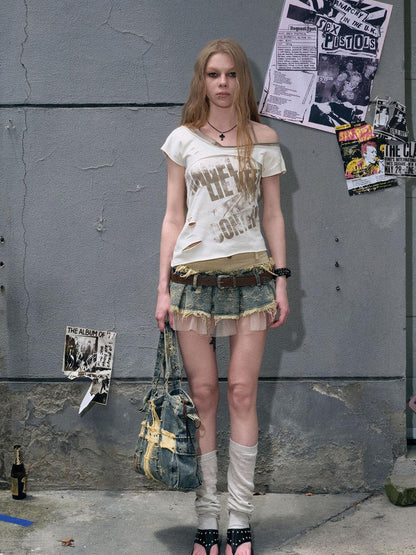 c Escape To Club Denim Mesh Pleated Skirt